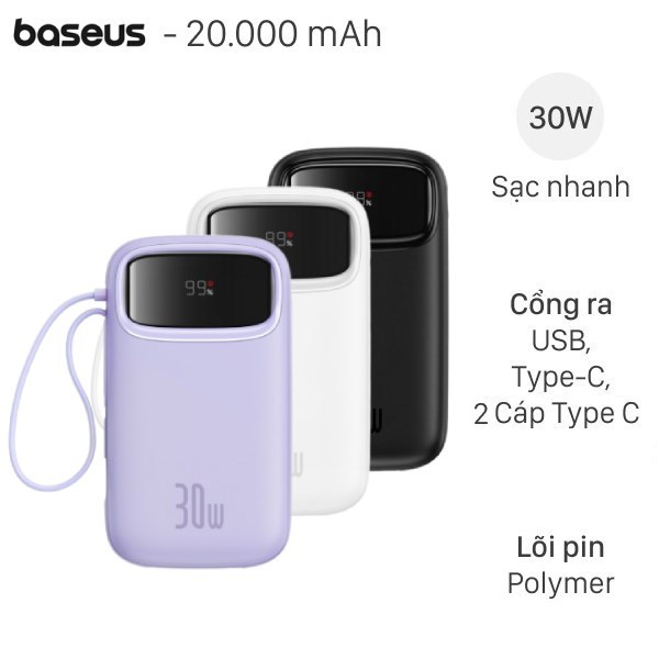 Pin sạc dự phòng Polymer 20000mAh Type C PD 30W Baseus Qpow 2 PPQD4-20C kèm Cáp Type C Like New