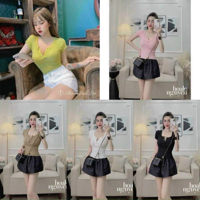 Áo thun xốp cổ vuông nhúm ngực sang chảnh v164