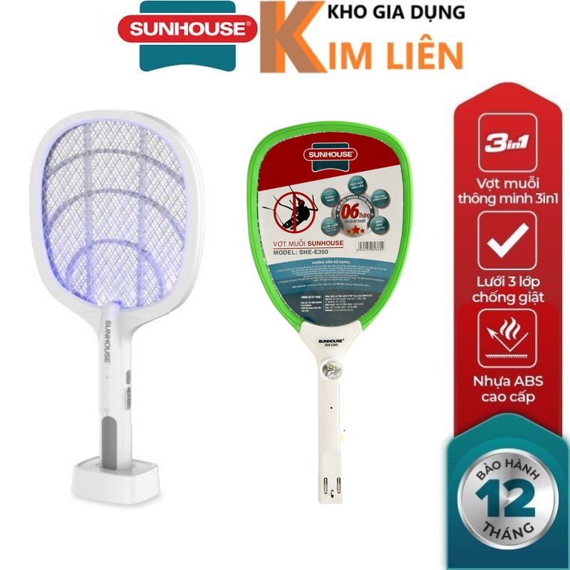 Vợt muỗi thông minh kiêm đèn bắt muỗi sunhouse 3in1 she-pro11.w / she-e350 - chính hãng bh 12 tháng