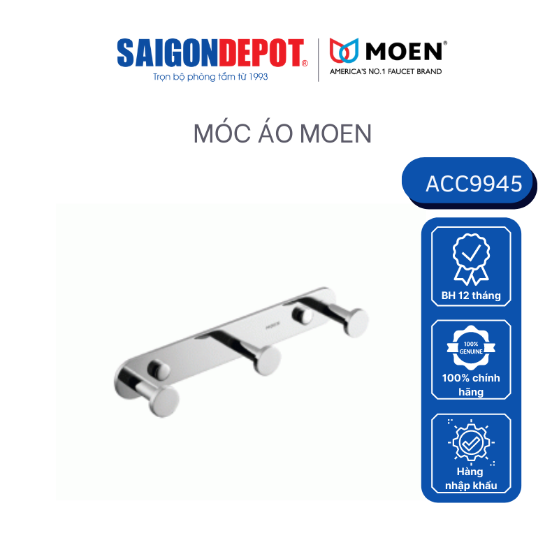 Móc áo 18.5cm-MOEN-SaigonDepot ACC9945 móc treo 3 thanh chất liệu đồng nguyên chất mạ chrome cao cấp phù hợp nhiều không gian thiết kế - bảo hành chính hãng 12 tháng