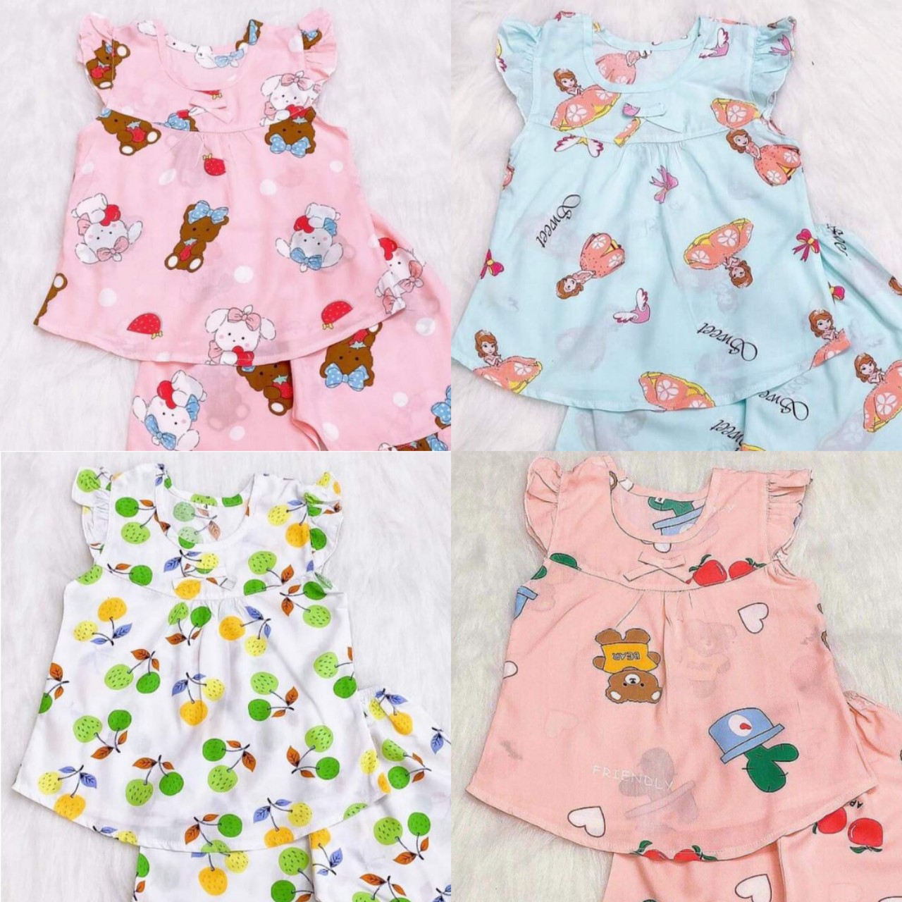Combo 4bộquần áo bé gái giao nhiiều màu ,nhiều họa tiết khác nhau
