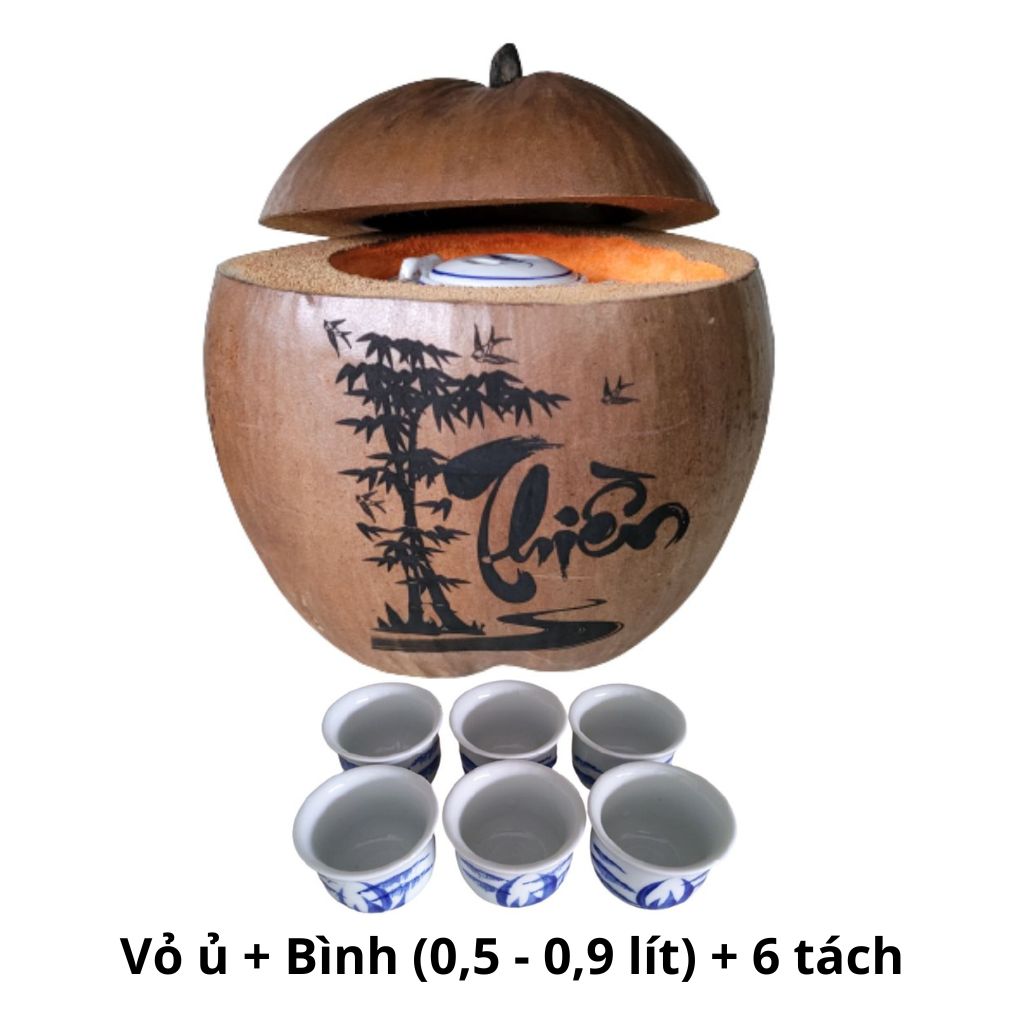 Bình ủ trà trái dừa khắc chữ Thiền / Bình trà 0,4 - 0,9 lít / Giữ ấm từ 3 - 6 giờ / Sản phẩm sản xuất thủ công / Xưởng sản xuất tại Bến Tre