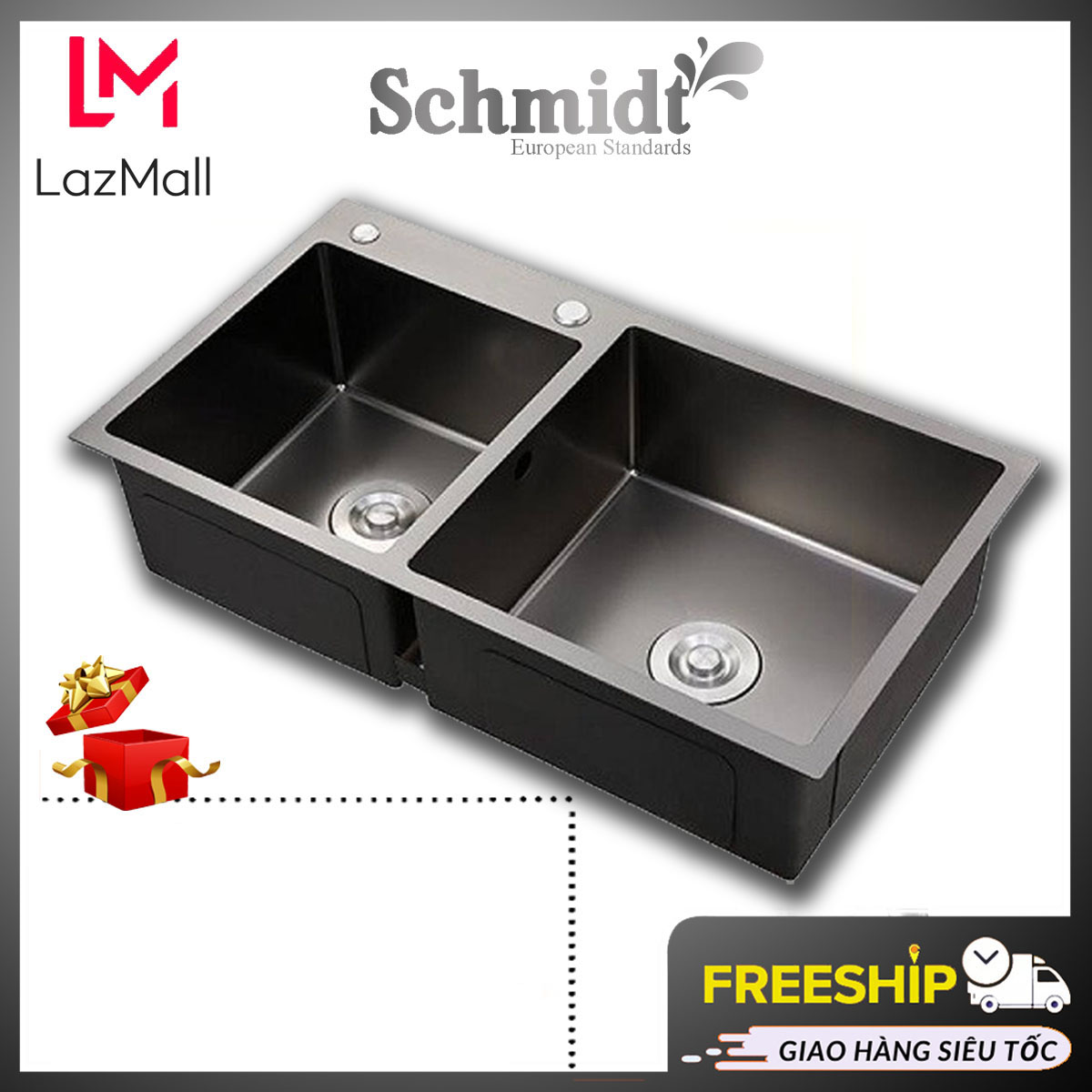 Chậu Rửa Chén Schimidt Inox 304, Chậu Rửa Bát Đôi Phủ Nano Màu Đen 2 Hố Lệch Chống Trầy Xước, Kích Thước 82x45cm. Tặng Kèm Bộ Xả Chậu Và Rổ Đa Năng. Bảo Hành 5 Năm