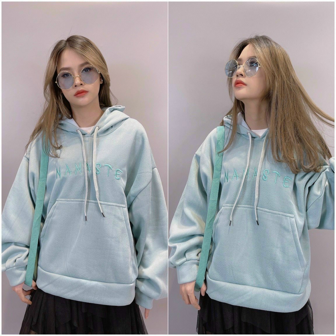 Áo Hoodie Trơn Unisex Fashion Tay Phồng Form Rộng, thêu chữ Namaste, phong cách Soft Boy-Soft Girl Hottrend.TP