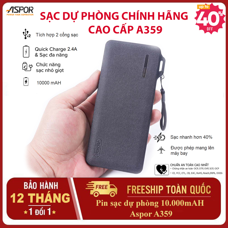 Pin sạc dự phòng mini aspor a359 10.000mah - lõi pin plymer - bảo hành chính hãng 1- 5 năm