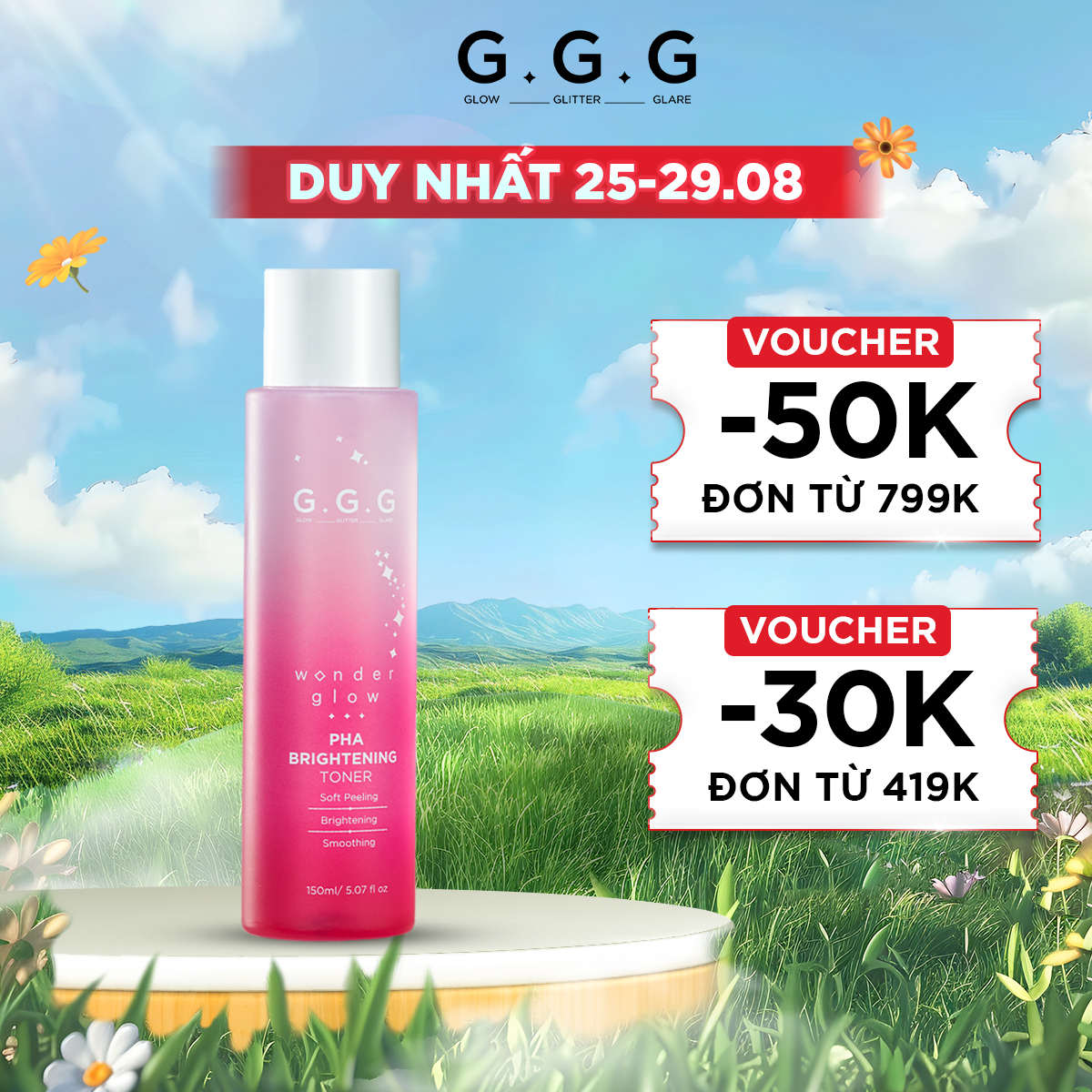 Toner hồng pha peel da dịu nhẹ sáng da g.g.g wonder glow pha brightening toner 150ml
