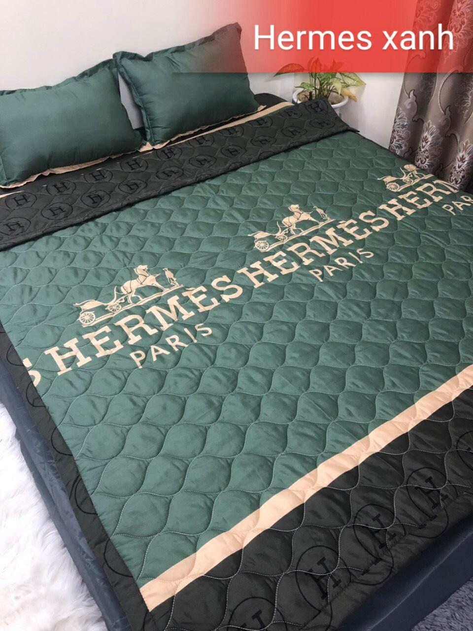 TRỌN BỘ COMBO 5 MÓN CHĂN GA GỐI COTTON HQ - HERMES XANH