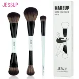 Bộ cọ trang điểm mặt Jessup 3 chiếc Bộ cọ trang điểm hai đầu dành cho phấn nền Contour Blush Highlight và Concealer Brush, Bộ cọ thuần chay cao cấp Bright Cyan T503