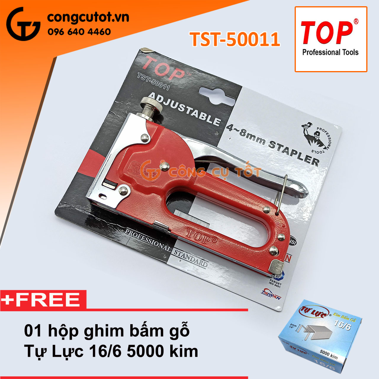 Kìm bấm đinh ghim TOP TST-50011 Đài Loan có điều chỉnh tăng lực + 01 hộp ghim 16/6 5000 ghim