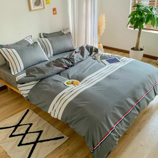 Bộ Chăn Ga Gối Kẻ Ngang Xám Trắng Cotton Poly Bộ Chăn Ga Gối Cao Cấp Nhập Khẩu 5 Món, 4 Món Bộ Sản Phẩm Chăn Ga Gối Nệm Nhiều Kích Thước Dùng 4 Mùa Gồm 1 Ga, 1 Vỏ Chăn, 02 Vỏ Gối (Có Lựa Chọn Mua Thêm Vỏ Gối Ôm)