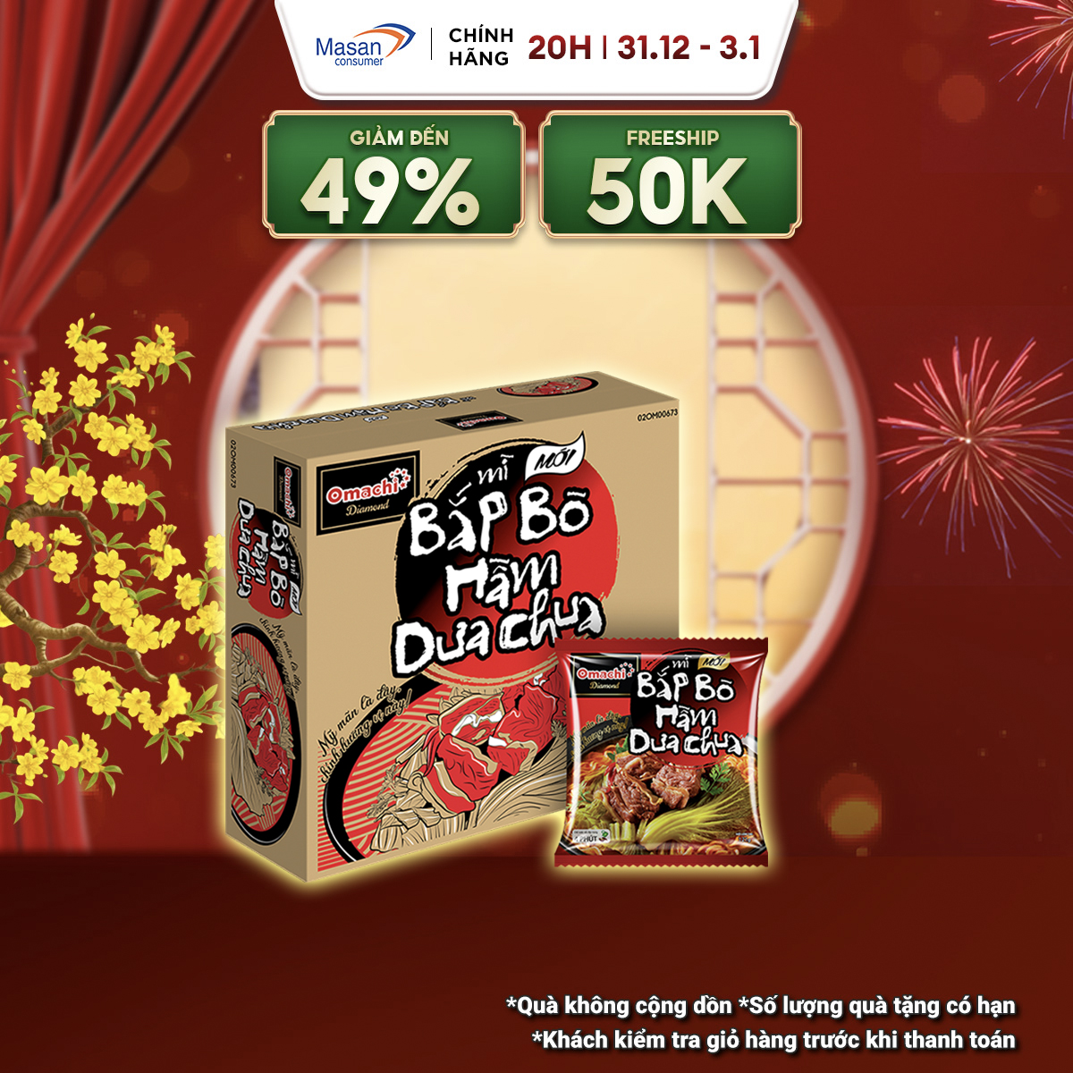 15.12-29.12 Voucher 18% CHO ĐƠN TỪ 199K Mì Omachi Diamond Bắp Bò Hầm Dưa Chua - Thùng 30 Gói x 121g