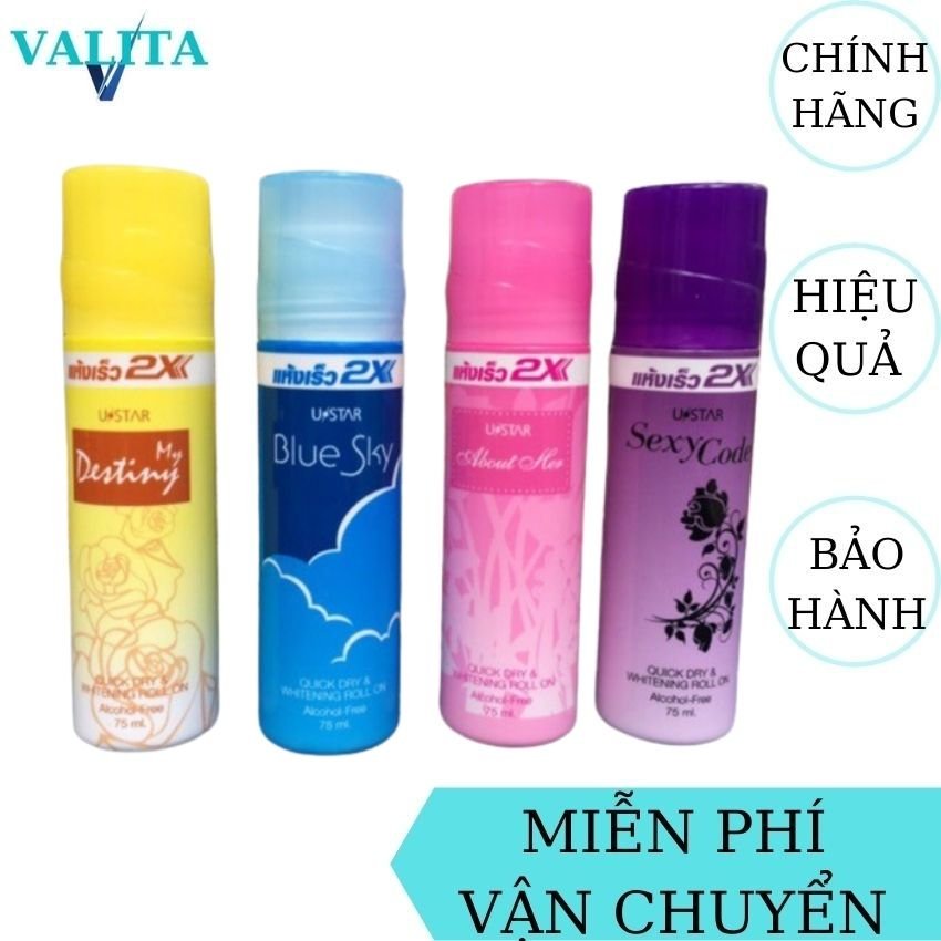 [FreeShip] Lăn Khử Mùi Trắng Da 2X Ustar Thái Lan VALITA giúp ngăn ngừa tuyến mồ hôi, khử mùi, thơm lâu cả ngày dài-75ml