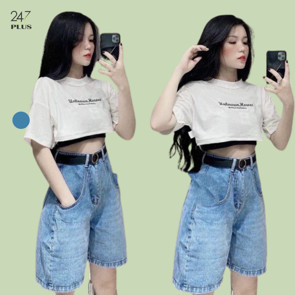 Quần short jean trơn cạp cao nữ ngố ống rộng