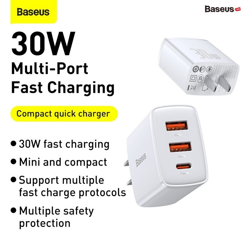 Củ sạc nhanh iPhone, Cốc sạc nhanh Samsung - Baseus Compact Quick Charger siêu nhỏ gọn 20W/30W hỗ trợ sạc nhanh QC3.0 PD3.0