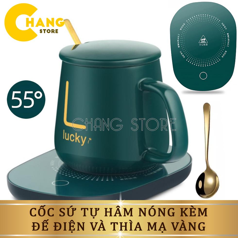 Cốc Hâm Nóng Cao Cấp Bằng Sứ Kèm Đế Điện, Ly Sứ Kèm Đế Điện Hâm Nóng Cafe, Sữa , Bộ Cốc Và Đế Hâm Nóng Đồ Uống Thông Minh +Tặng Kèm Thìa Mạ Vàng