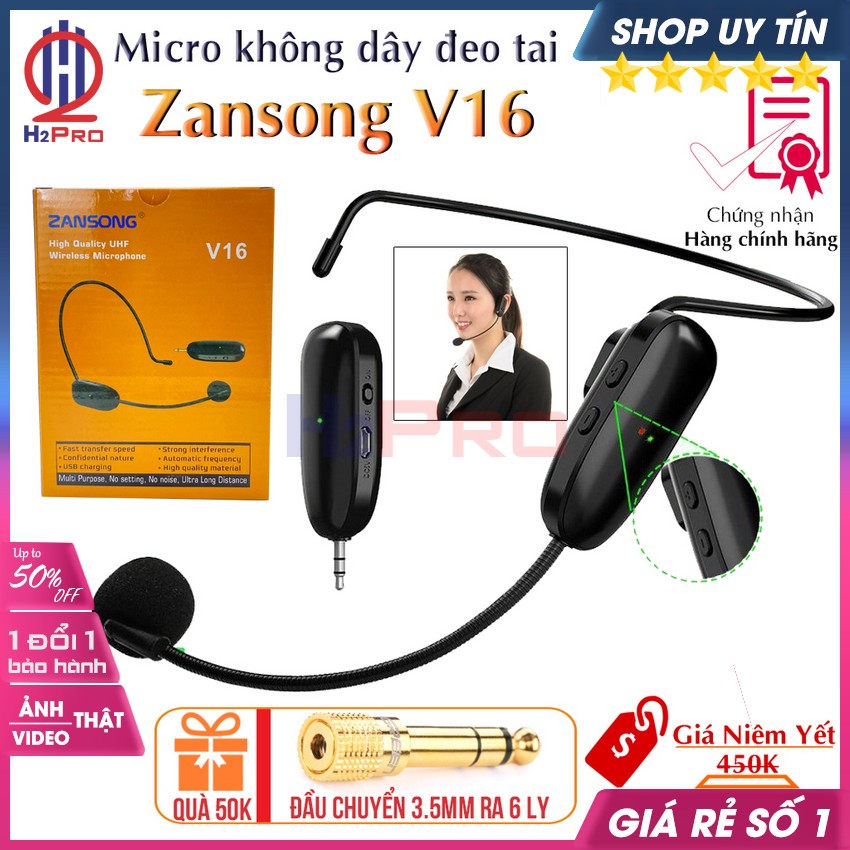 Micro Trợ Giảng Không Dây Zansong V16 Thu Phát 50m-Sóng Khoẻ-Mic Rõ, Mic Đeo Tai Không Dây Cao Cấp, Quà 50K-H2pro Audio