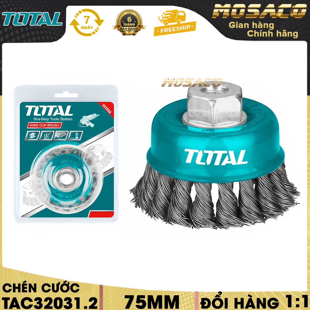 Chén cước thép xoắn total kích thước 75mm -125mm. chổi cước, chén cước sợi đồng total, đường kính dây cước 0.5 mm, cốt m10 x 1.5 - 80/t, đóng gói trong vỉ nhựa. - mosaco