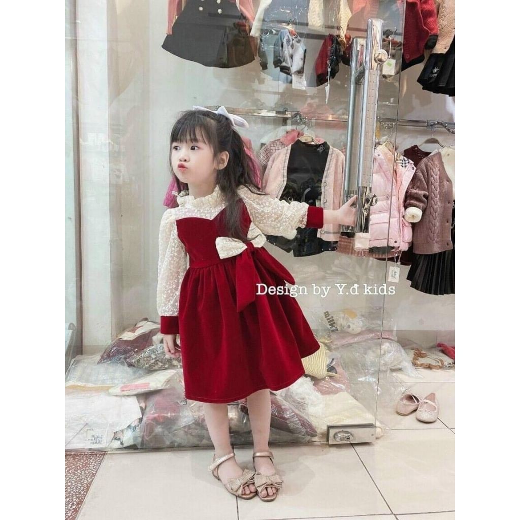 Váy đầm dài tay bé gái váy babydoll màu đỏ đô MamLa