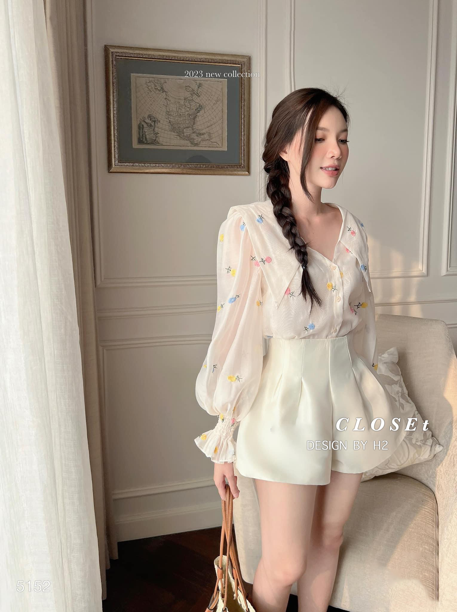 Set đồ nữ áo tơ hoa chun tay mix quần sooc be siêu xinh