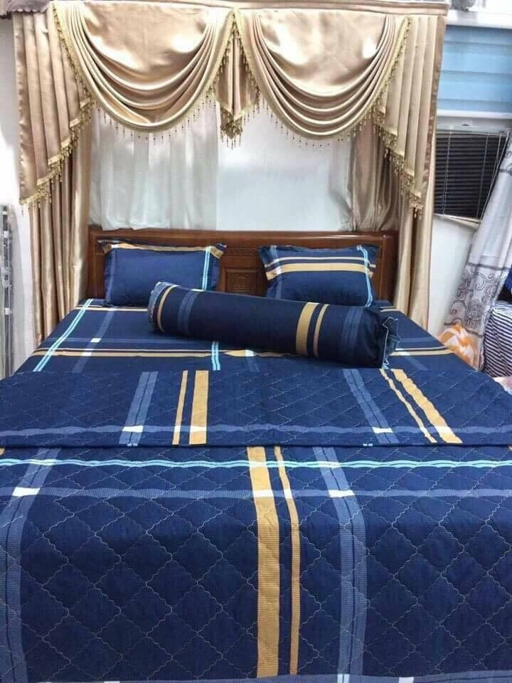 Bộ ga gối giường Cotton Poly Họa tiết Caro Xanh đen (Tặng kèm vỏ gối ôm cùng loại)