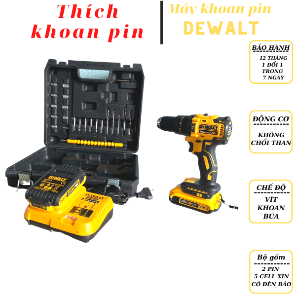 Máy khoan pin DEWALT, khoan pin không chổi than kèm phụ kiện 24 chi tiết, máy khoan cầm tay pin có búa- Bảo hành 12 tháng