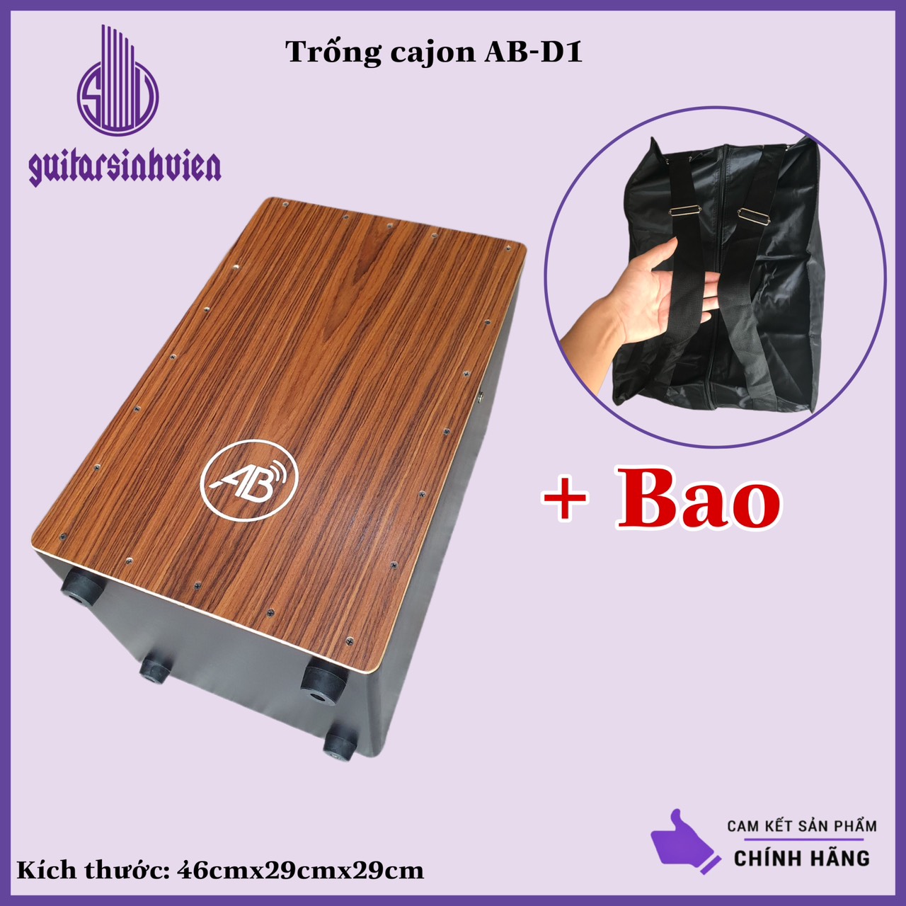 Trống cajon AB Drum mặt nâu cho người mới tập chơi -Tặng kèm bao dù chống nước - Bảo hành 1 năm trống chính hãng