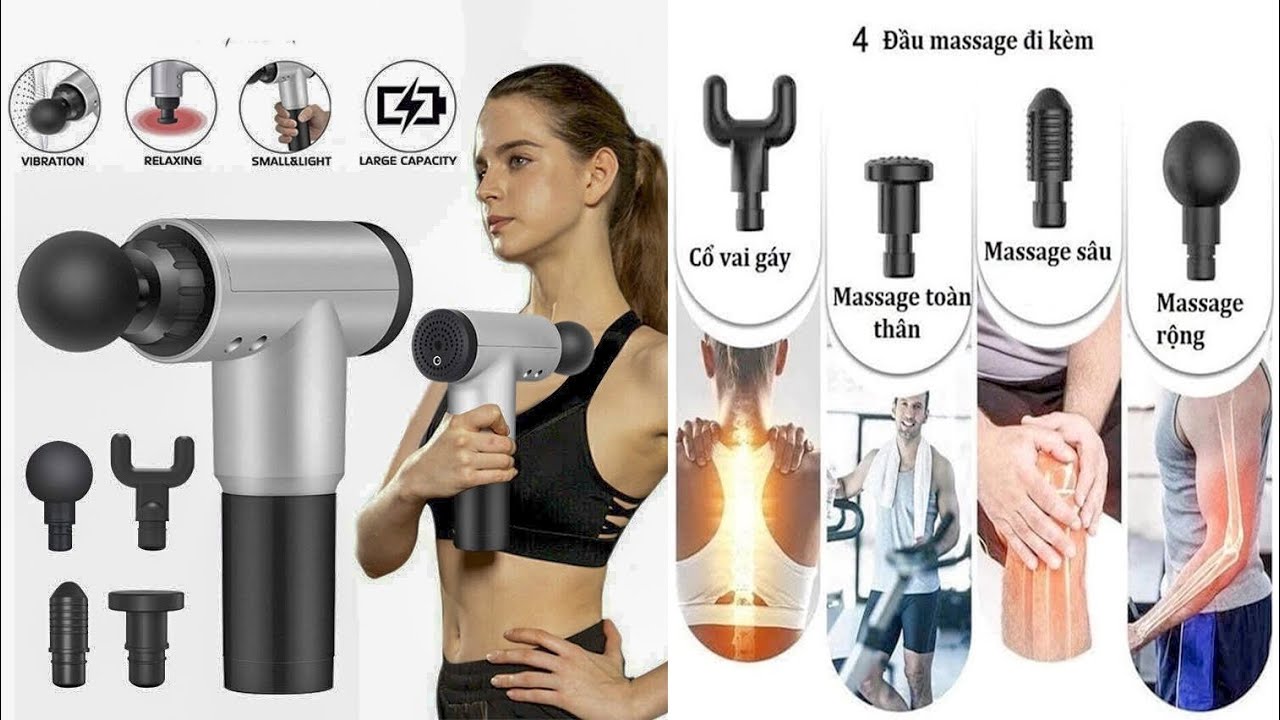MÁY MASSAGE FASCIAL GUN 8 đầu massage sử dụng cho vùng cổ, vai, đùi, bụng, tay, chân. 6 tốc độ áp lực giúp giảm đau cơ tích tụ axit lactic, tăng tuần hoàn lưu thông máu, đánh tan mỡ, xua tan mệt mỏi đau nhức. Bảo hành 12 tháng.