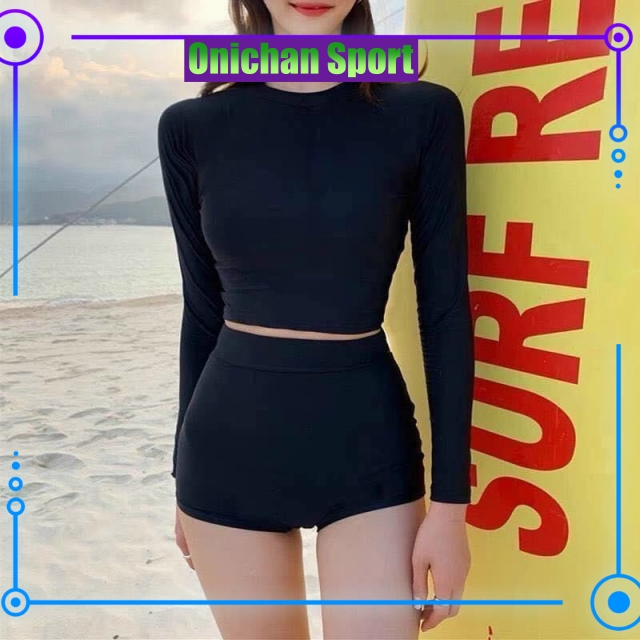  Bikini 2 Mảnh Đen Trơn Tay Dài Kèm Quần Đùi Kín Đáo Đồ Bơi Thể Thao Nữ Đơn Giản Cá Tính OS147 