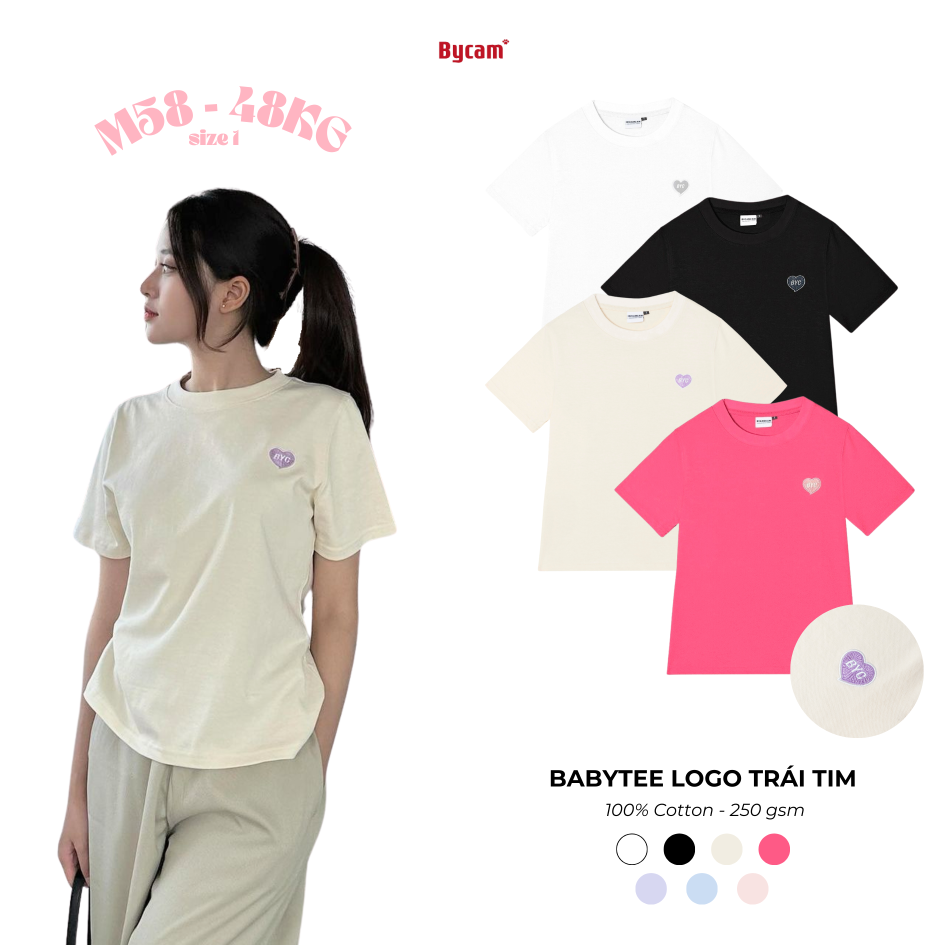 Áo babytee trơn nhiều màu thêu logo trái tim byc mẫu mới 𝑩𝒚𝒄𝒂𝒎𝒄𝒂𝒎