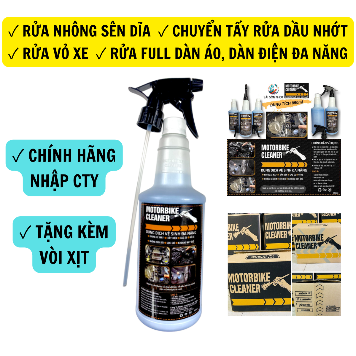 Dung Dịch Tẩy Rửa Dầu Nhớt Đa Năng MOTORBIKE CLEANER 850ml, Rửa Nhông Sên Dĩa, Rửa Vỏ Xe