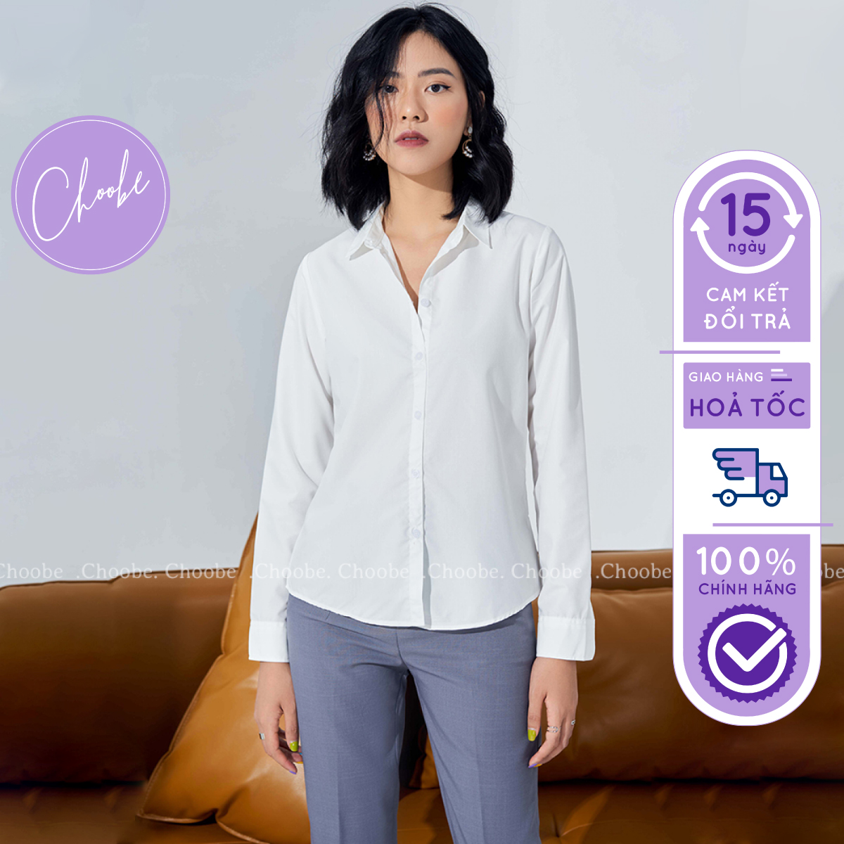 Áo sơ mi Choobe công sở dáng suông vải mềm thoáng mát sơ mi dài tay nữ -A01