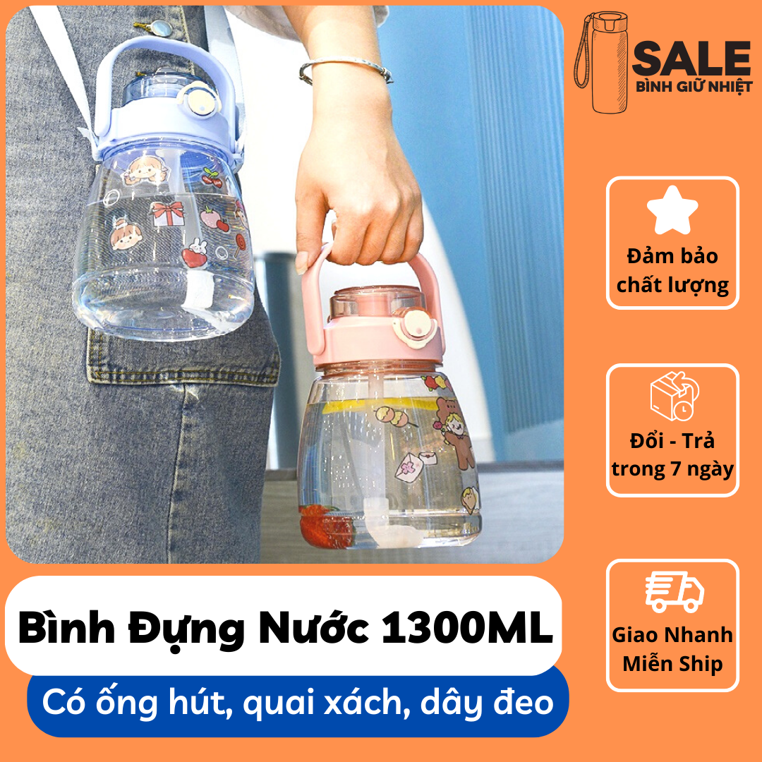 Bình đựng nước 1300ml có vạch báo giờ uống nước siêu dễ thương
