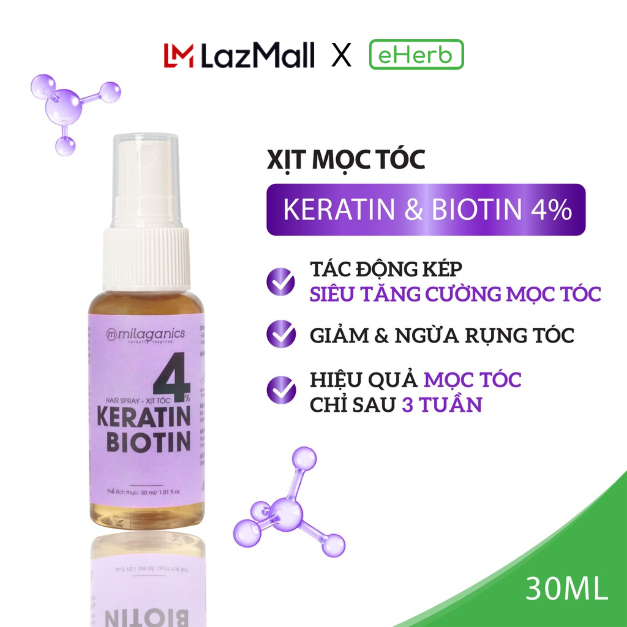 Xịt Mọc Tóc Biotin & Keratin 4 Siêu Tăng Cường Mọc Tóc Dưỡng Tóc Hương Nước Hoa 30ml