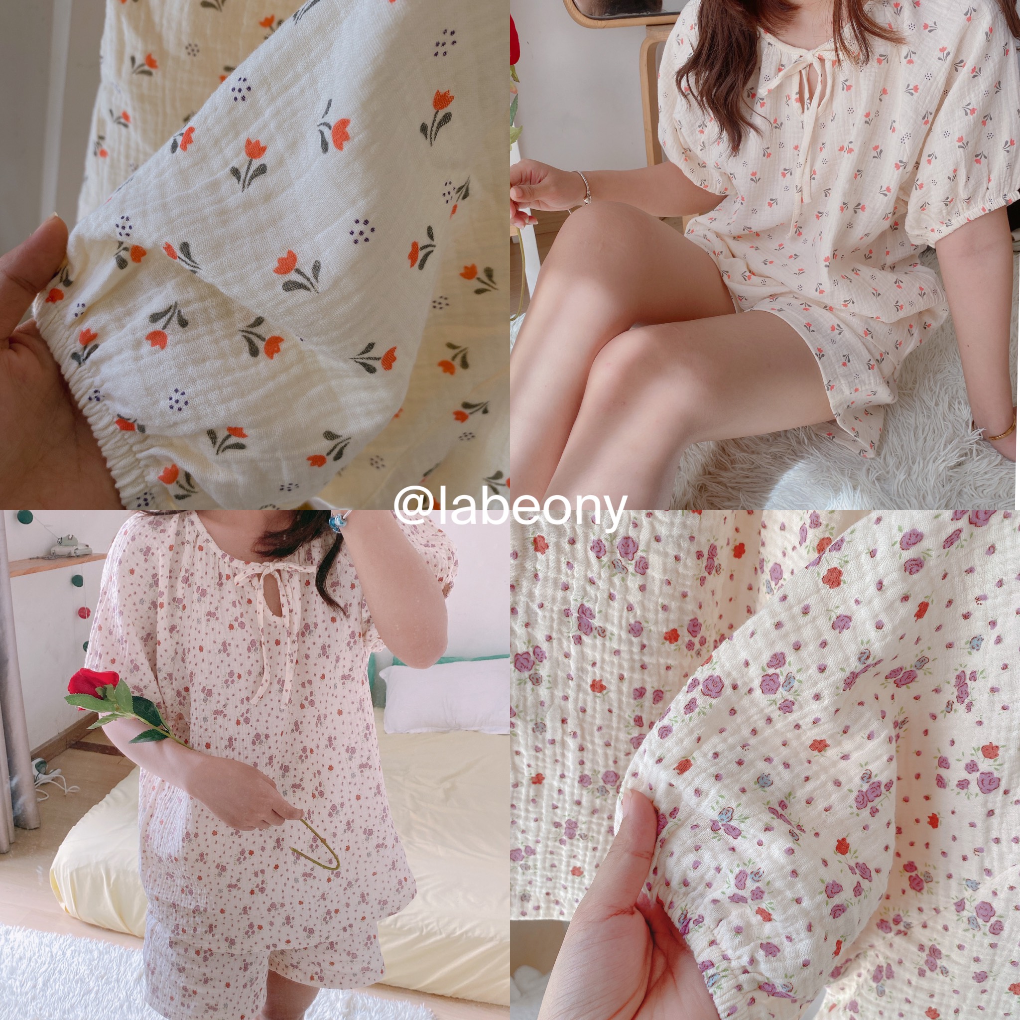 Đồ bộ nữ mặc nhà pyjama cổ tròn hoa Tulip ngắn dài xô muslin Labeony