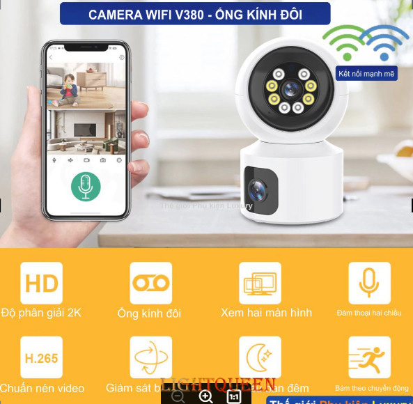 Camera Wifi V380 - Dual Lens + Thẻ 32G, Camera giám sát thông minh, Camera hồng ngoại giám sát ban ngày và ban đêm