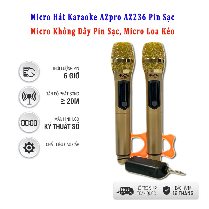 Micro Hát Karaoke AZpro AZ 236 Pin Sạc, Micro Không Dây Pin Sạc