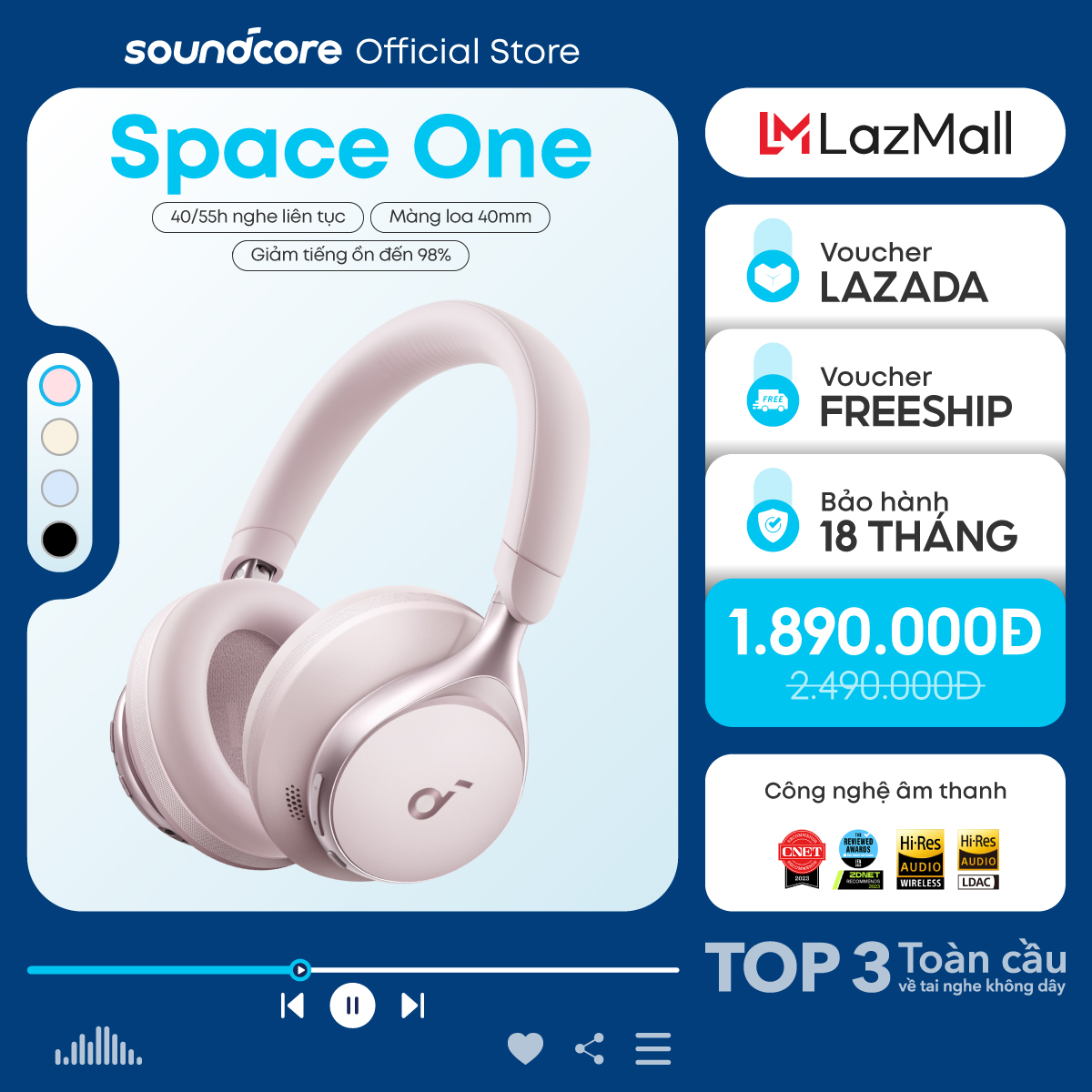 Tai nghe không dây chụp tai soundcore Space One | Âm thanh Hi-res | Giảm ồn 98% | 55 giờ phát nhạc