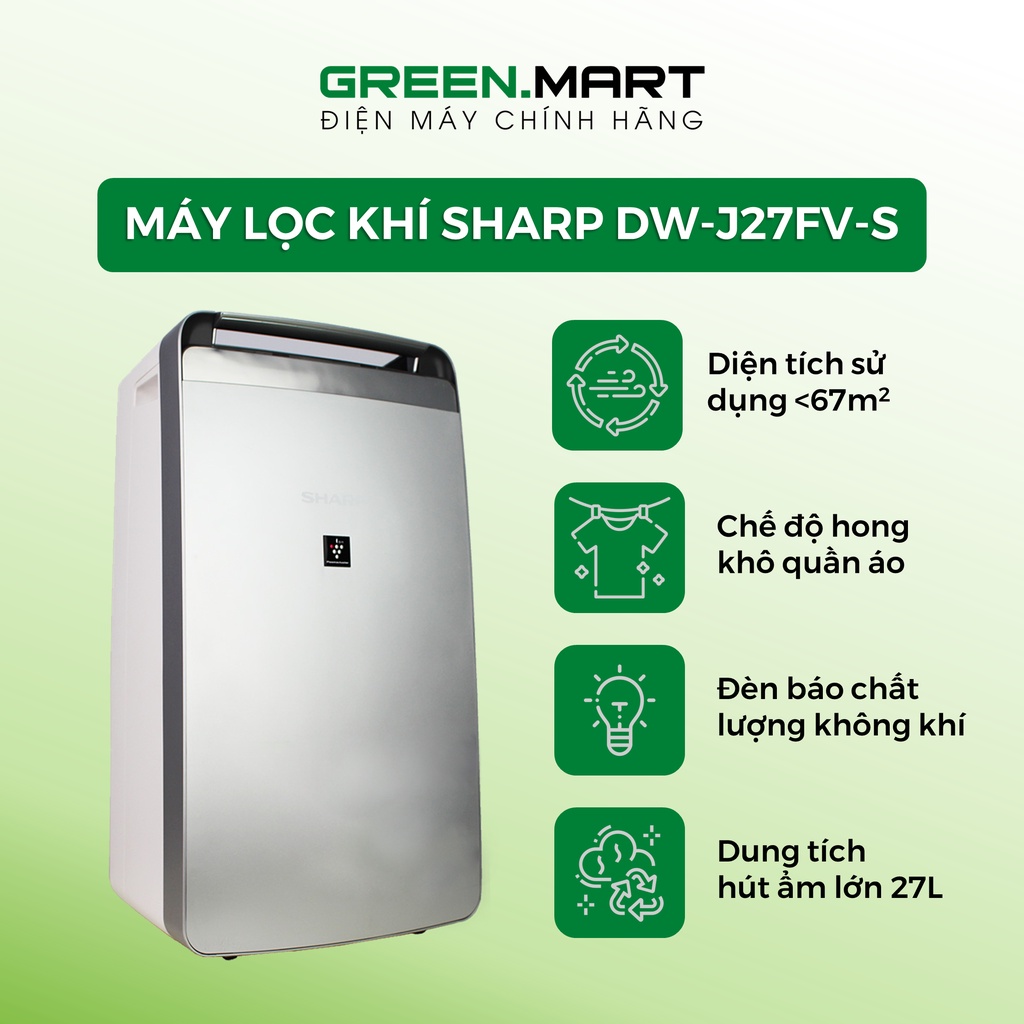 Máy lọc không khí tạo ion hút ẩm Sharp DW-J27FV-S loại bỏ bụi mịn vi khuẩn ẩm mốc khử mùi hôi Công nghệ J-Tech Inverter | Hàng chính hãng