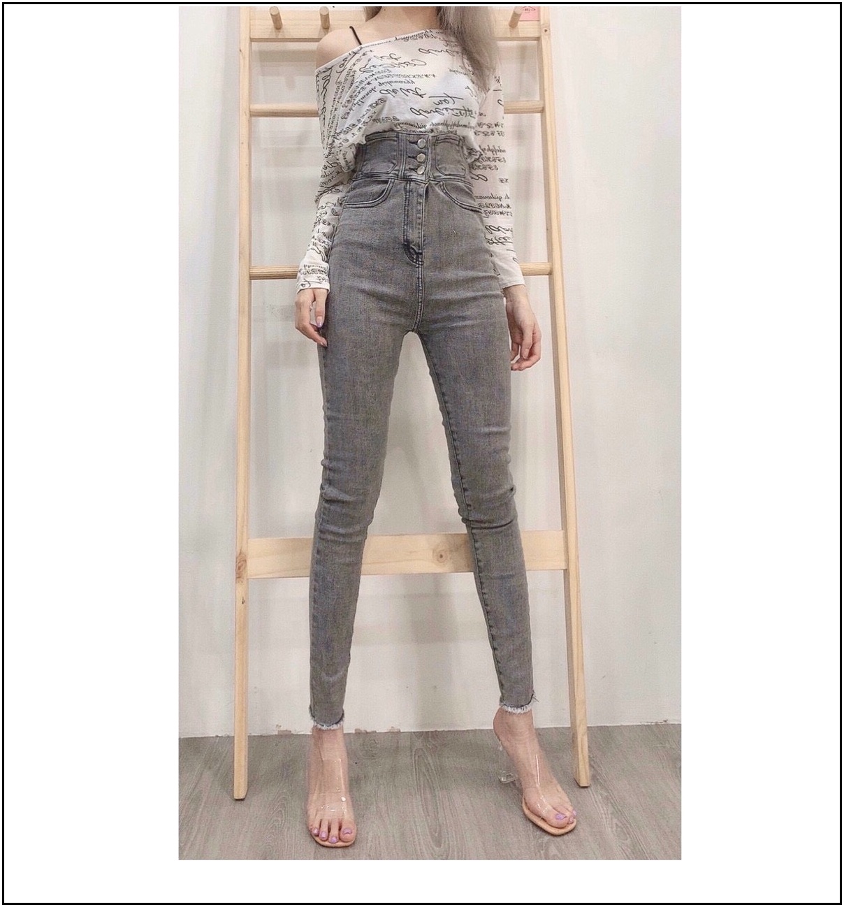 quần jean nữ lưng siêu cao 3 CÚC MÀU XÁM NHẠT -31