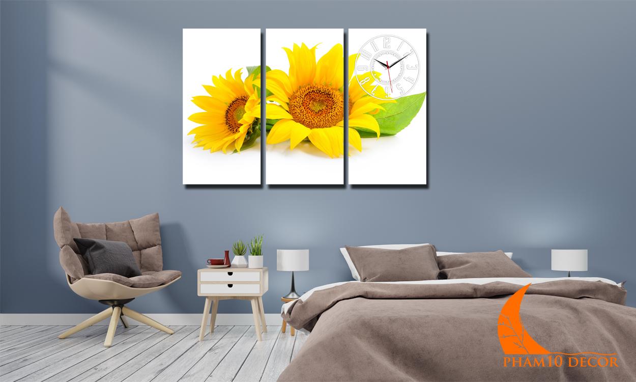 [HCM]Tranh đồng hồ đẹp Đồng hồ treo tường Tranh đồng hồ treo tường Đồng hồ decor Tranh treo tường Tranh  hoa hướng dương P10-TW1001