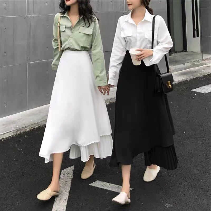 Chân Váy Dài Lệch Vạt Dập Ly ⚡FREESHIP⚡ Đầm 2 Tà Cạp Cao Co Dãn