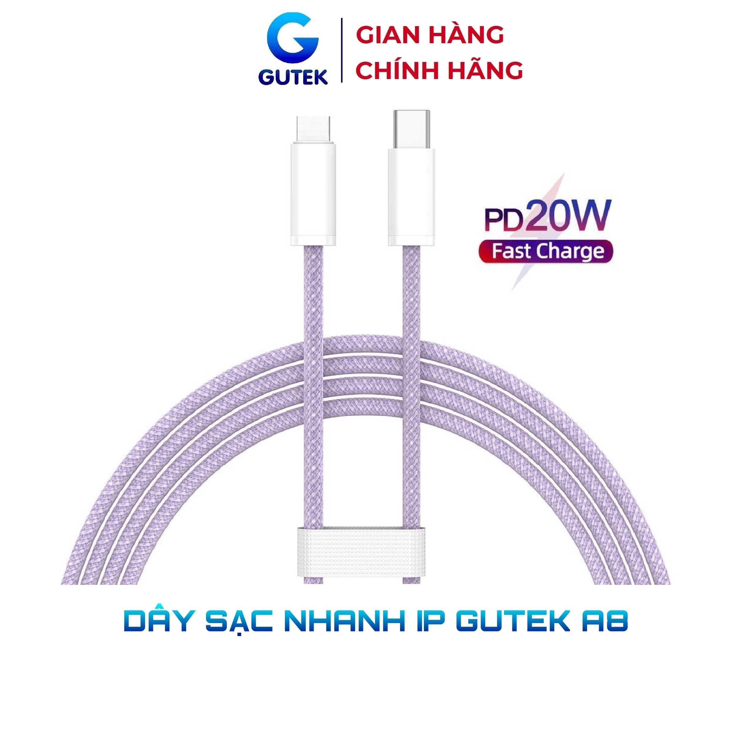 Dây Cáp Sạc Nhanh PD 20W Cổng Type-C Sang iPhone Hỗ Trợ Truyền Dữ Liệu 480Mbps – Gutek A8
