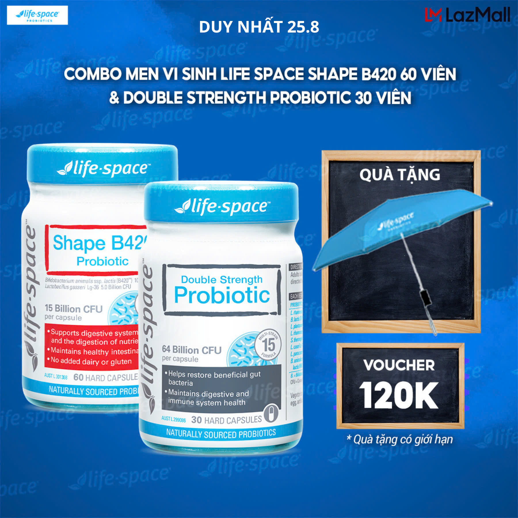 Combo Men vi sinh Life Space Shape B420 60 viên và Double Strength Probiotic 30 viên