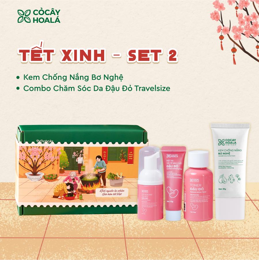 [SET QUÀ TẾT 2026-CHĂM DA XINH] Combo Chăm Da Minisize Thảo Dược Cỏ Cây Hoa Lá: Sữa Rửa Mặt Đậu Đỏ 30g, Mặt Nạ Tẩy Da Chết Đậu Đỏ 2in1 10g, Toner Đậu Đỏ 30g, Kem chống nắng bơ nghệ - Làm sạch, Dưỡng Da, Hỗ Trợ Cấp Ẩm, Hỗ Trợ Tẩy Da Chết Skincare