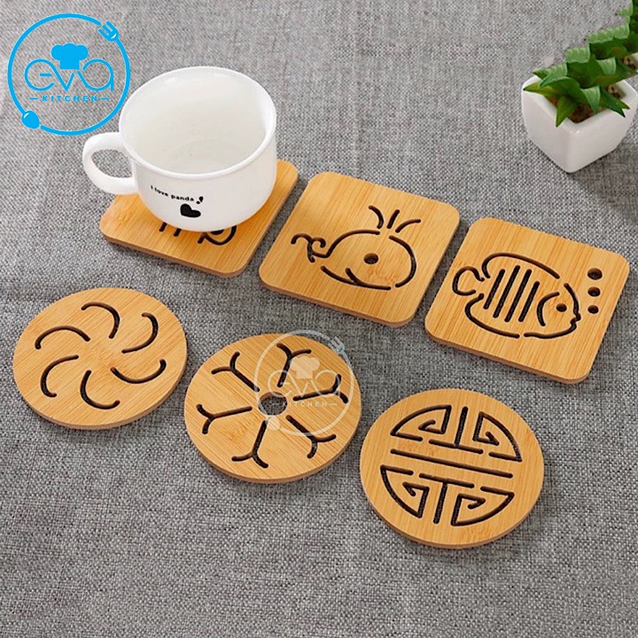 [HCM]Set 6 Đế Lót Ly Cốc Bằng Gỗ Cách Nhiệt Chống Trơn Trượt Hoạ Tiết Sang Trọng