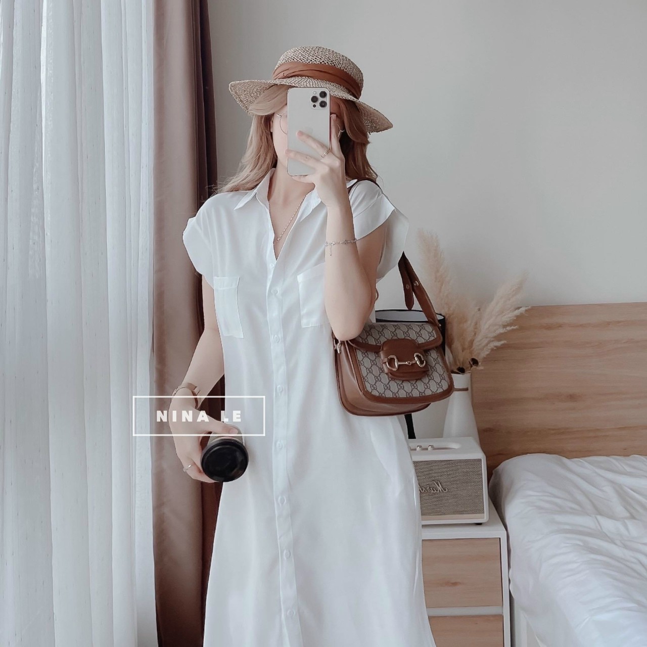Đầm sơ mi đóng nút thật đóng túi lụa nhung siêu xinh ht
