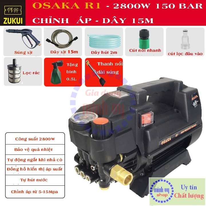 Máy rửa xe chỉnh áp Osaka R1 thế hệ mới tặng bình xịt bot tuyết ống nối dài dây 15m