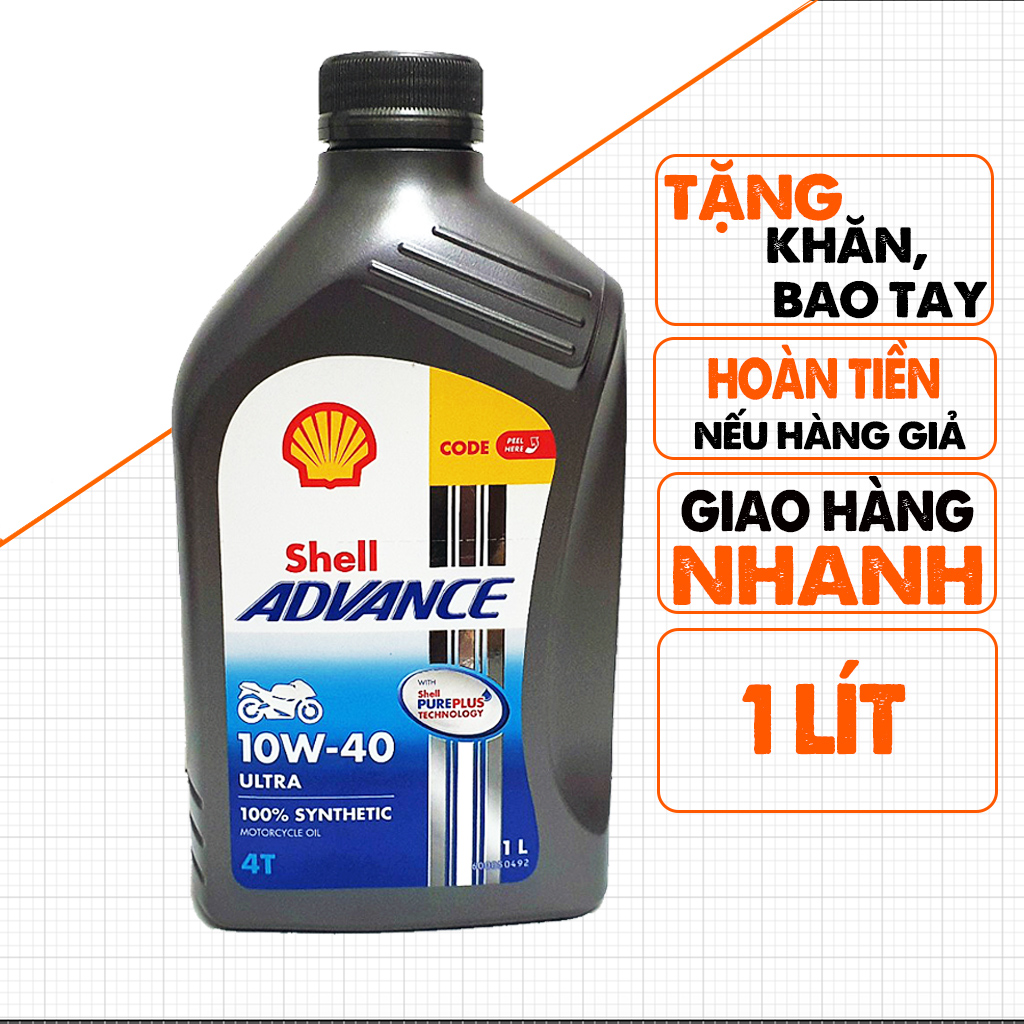 Nhớt Xe Máy Xe Số Shell Advance Ultra 10W40, 1 Lít, Nhập Thái, Dầu Động Cơ Xe Máy Chạy Êm, Phù Hợp Exciter, Wave, Sirius, Future, Jupiter, Axelo