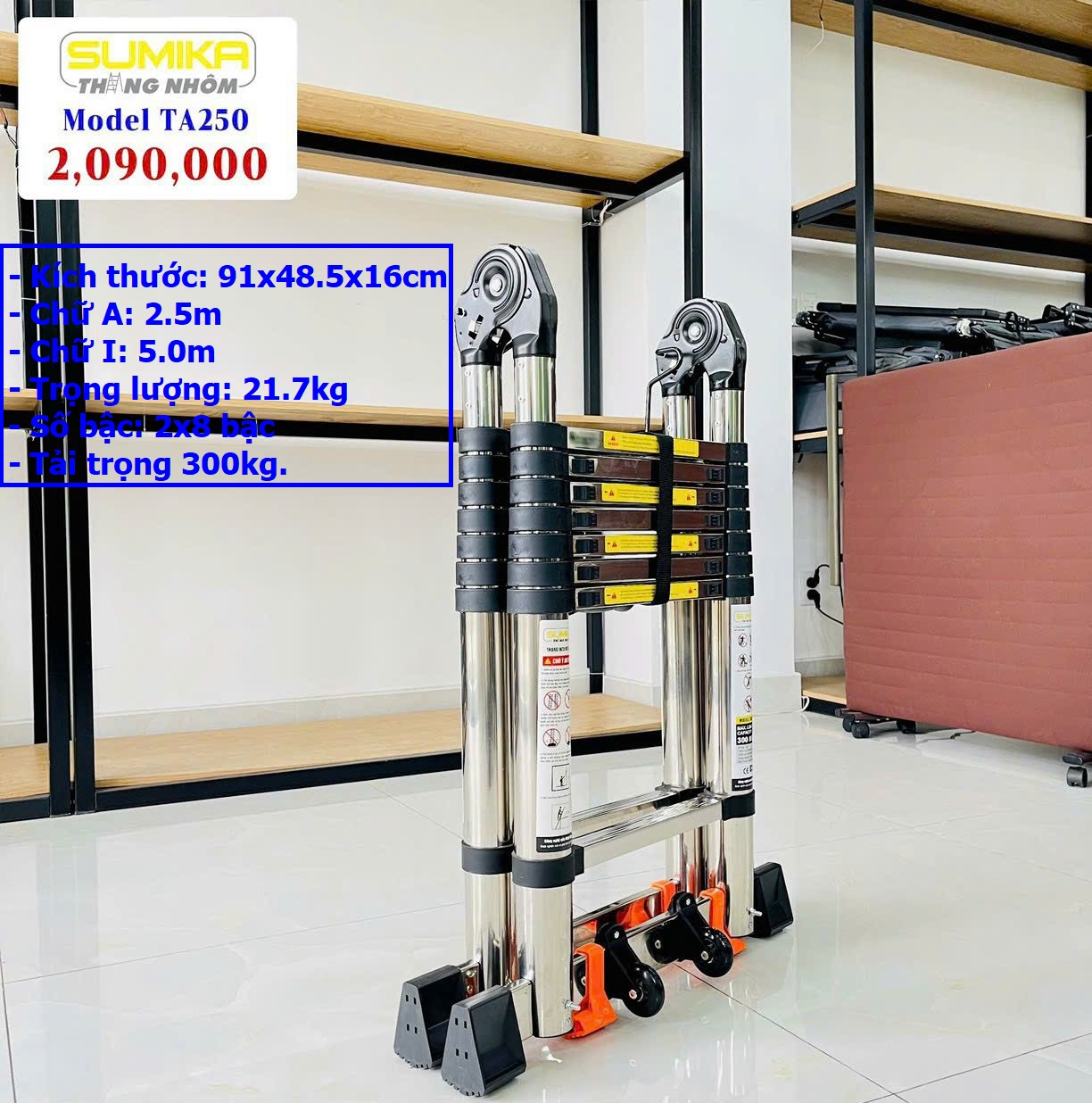 Thang INOX Chữ A SUMIKA TA250, Thang Rút Đôi Chữ A 2m5 – duỗi thẳng 5m , Công Nghệ Nhật Bản, 2x8 bậc, Tải Trọng 300kg, Bảo Hành 24 Tháng