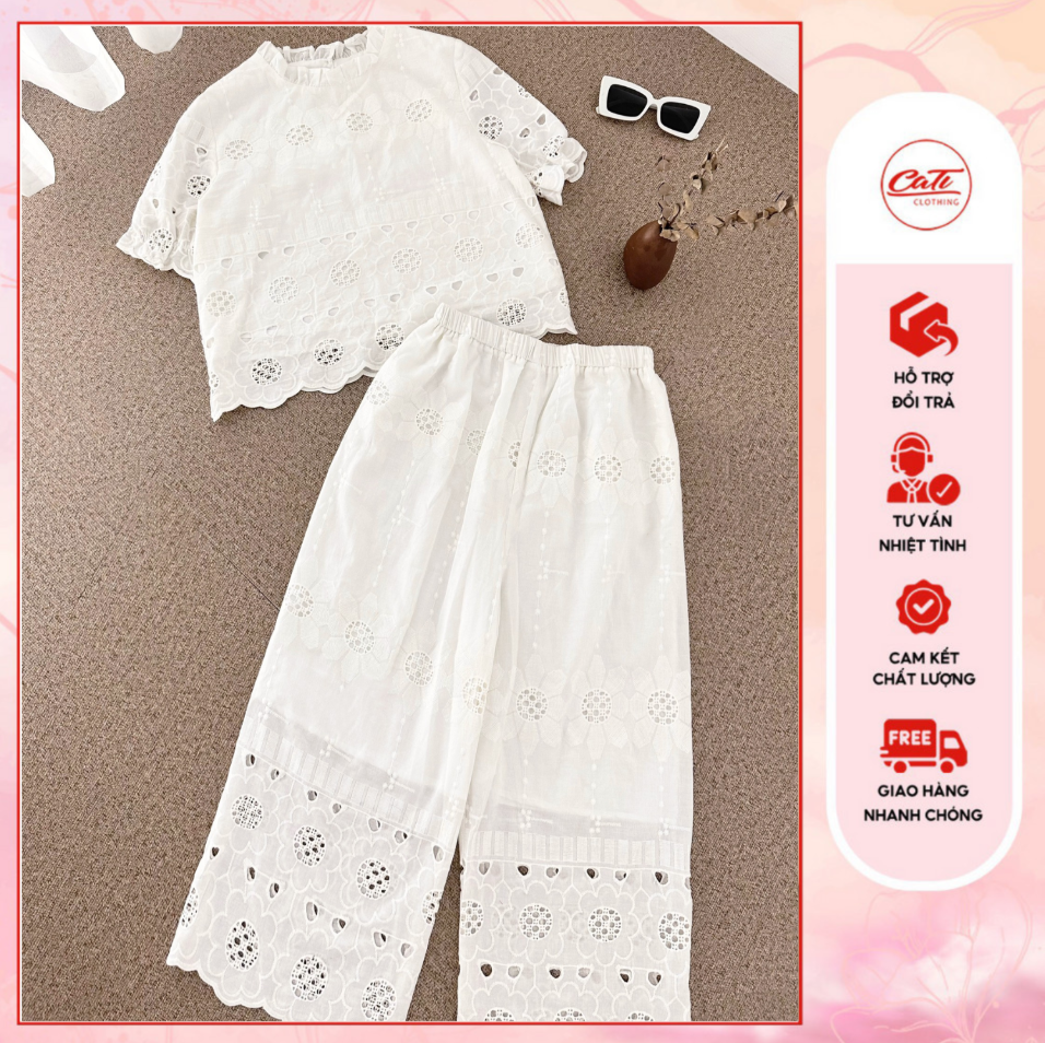CATI Set thô ren thêu 1 màu trắng